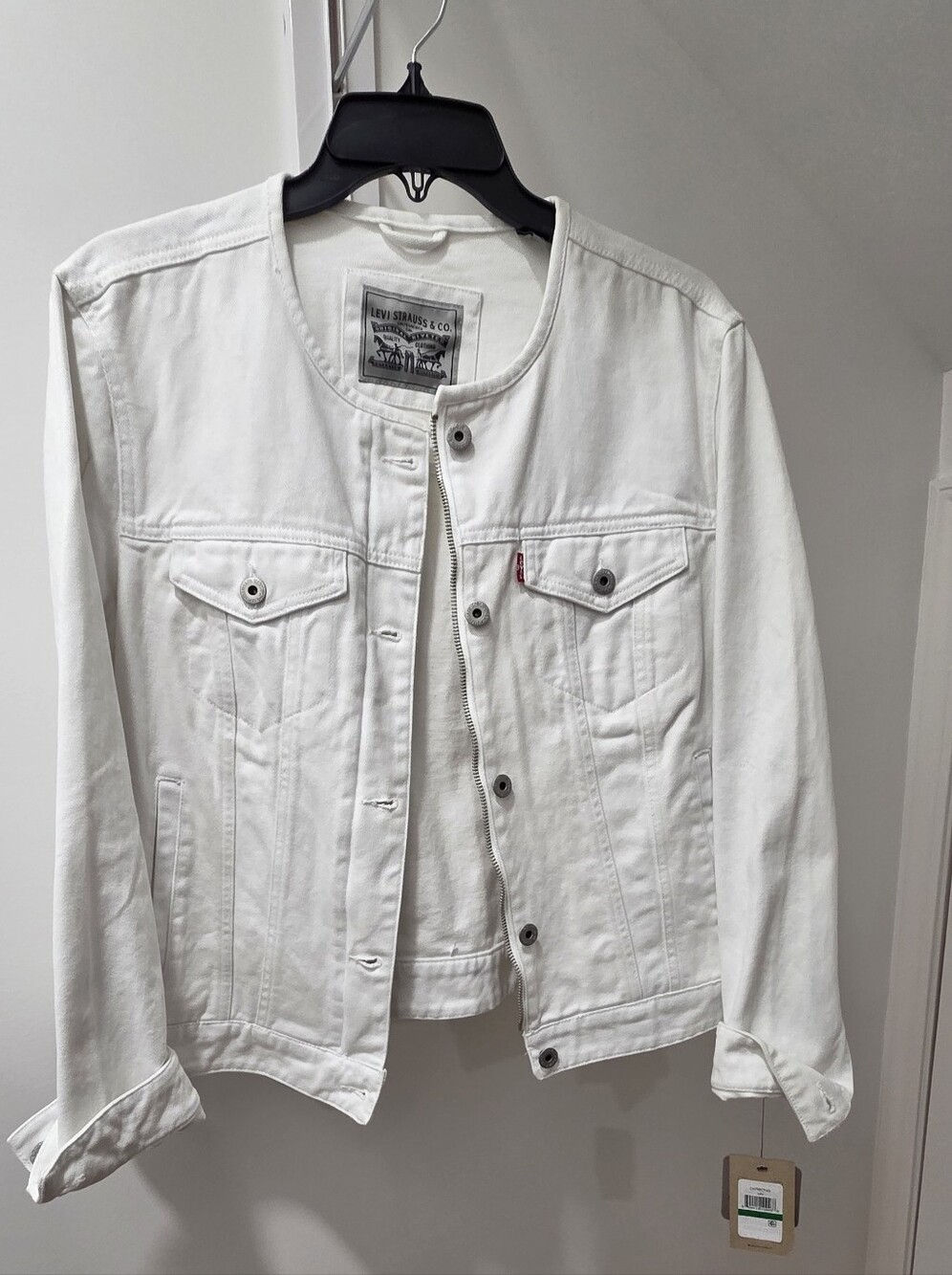 Levi's Women's White Collarless Denim Jacket with Button Front